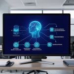 Schéma visuel d’une IA connectée à des données et protégée par des contrôles de cybersécurité.