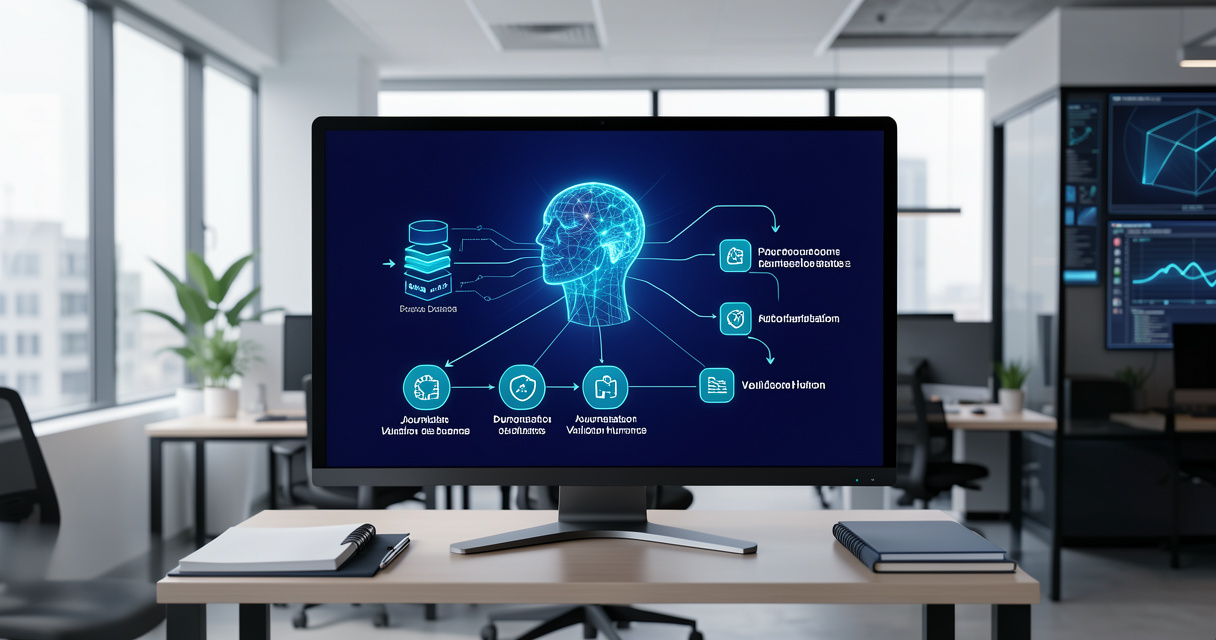 Schéma visuel d’une IA connectée à des données et protégée par des contrôles de cybersécurité.