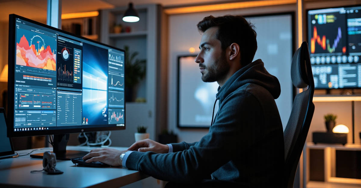 Entrepreneur utilisant la plateforme Actinbusiness sur ordinateur dans bureau moderne