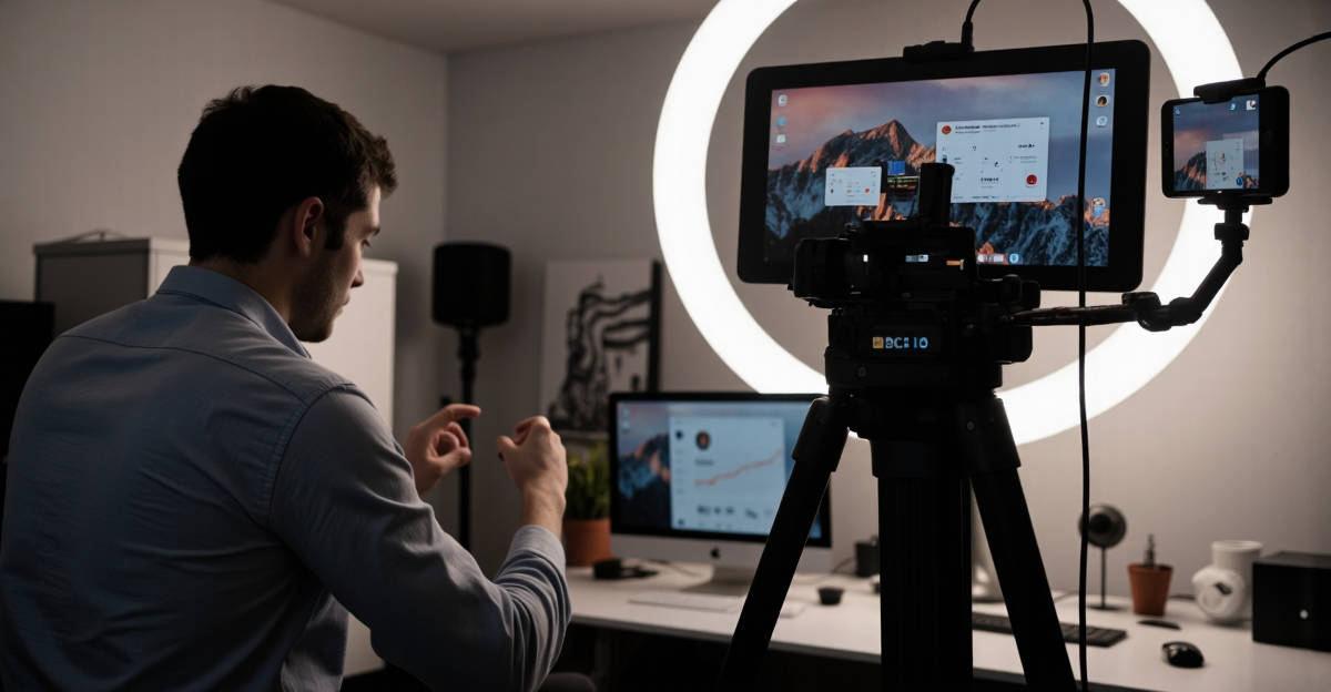 Créateur de contenu influenceur web filmant avec smartphone et éclairage professionnel