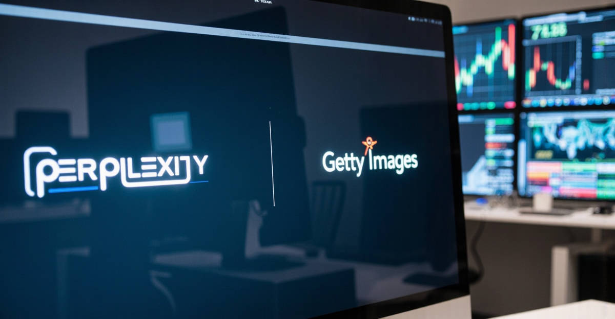 Partenariat Perplexity Getty Images symbolisé par les logos des deux entreprises sur un écran, illustrant l'accord sur la licence d'images pour l'IA.