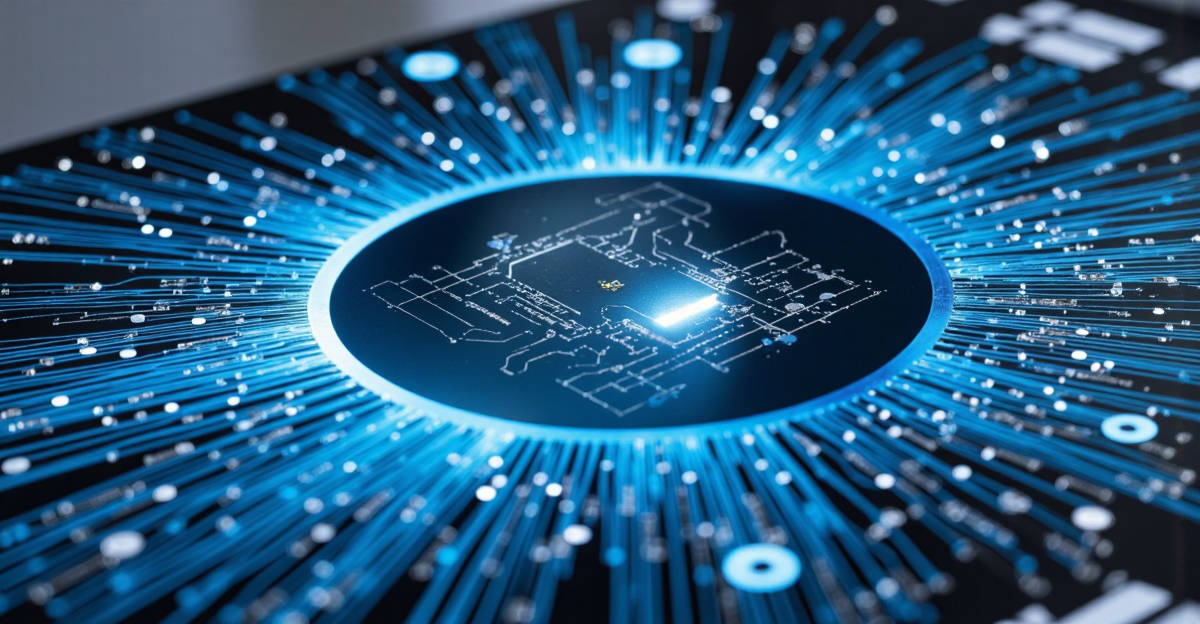 Gros plan sur une puce analogique chinoise révolutionnaire, posée sur un wafer de silicium dans un laboratoire de pointe.