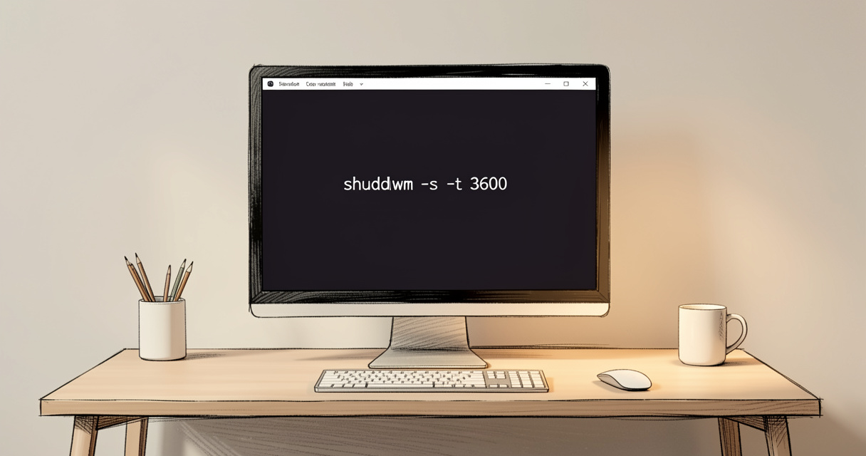 Écran d'ordinateur affichant la commande shutdown -s -t 3600 dans une console sombre