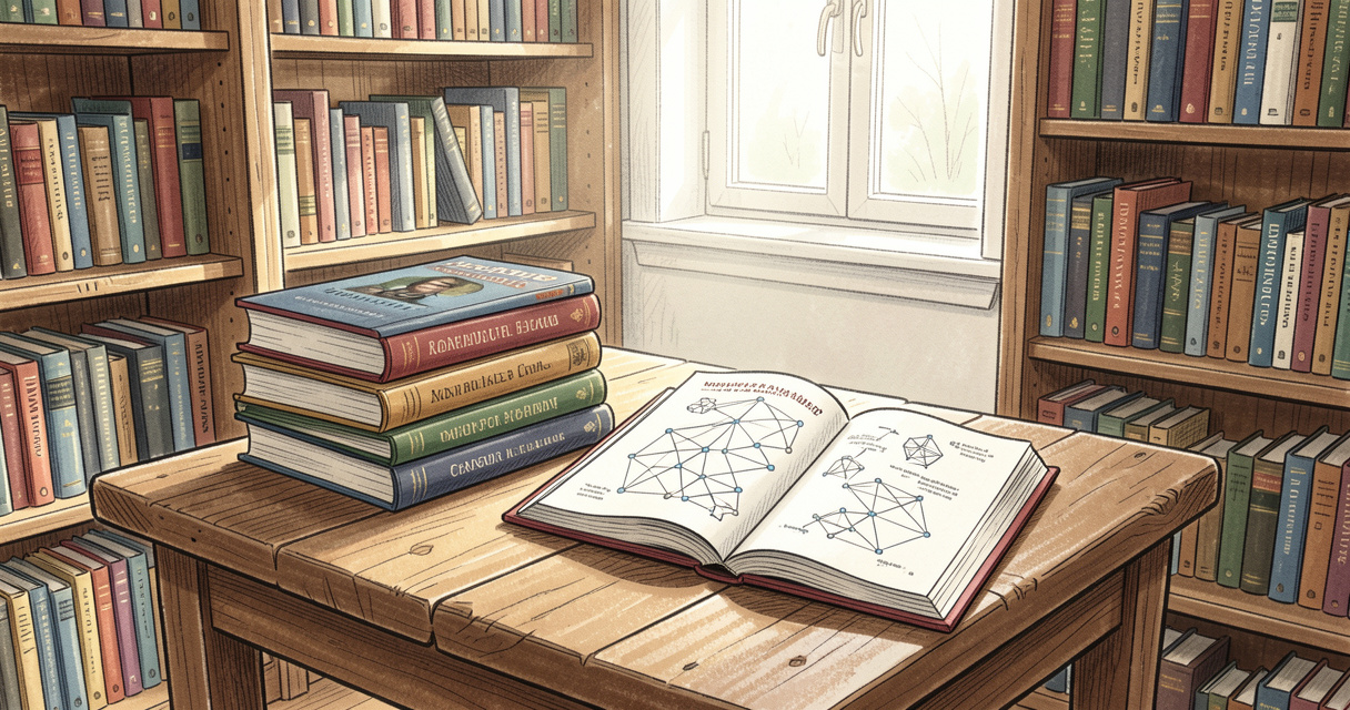 Livres intelligence artificielle empilés sur une table en bois avec schémas de réseaux de neurones visibles.