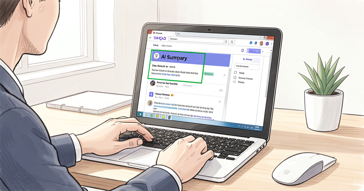 Personne utilisant Yahoo Mail avec un résumé généré par intelligence artificielle visible en haut d'un message