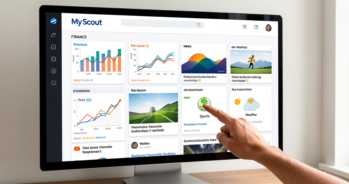 Tableau de bord My Scout personnalisé avec modules IA pour la finance, l'actualité et le sport sur Yahoo