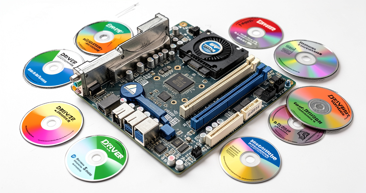Carte mère entourée de disques d'installation symbolisant les mises à jour de pilotes