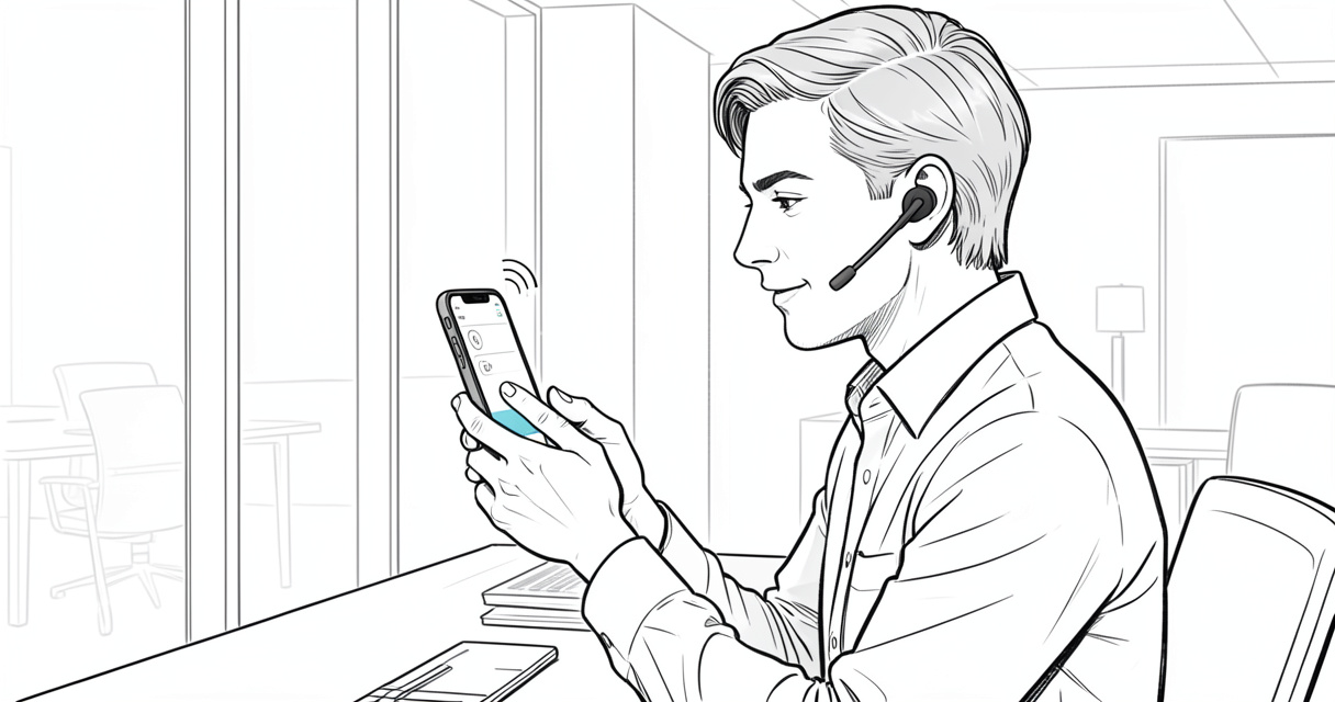 Une personne utilise un assistant intelligence artificielle vocal sur son smartphone dans un bureau moderne.