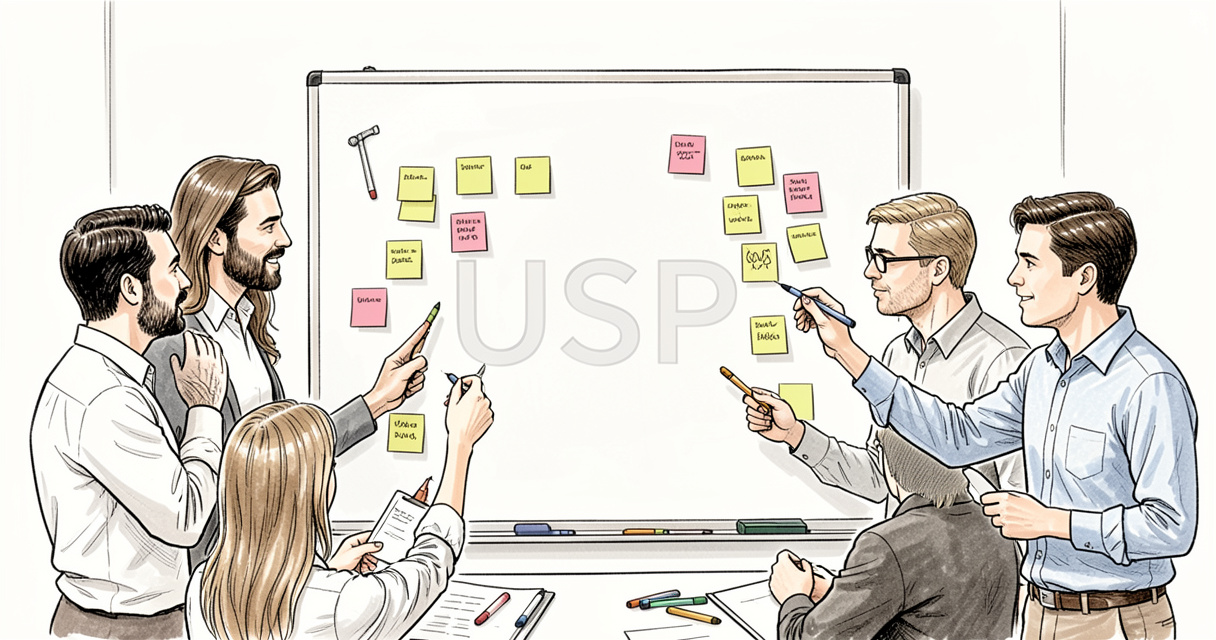 Équipe marketing en brainstorming pour définir une USP unique et percutante