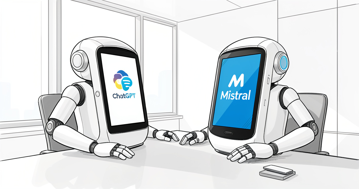 ChatGPT versus Mistral AI comparison illustration with two virtual assistants on a desk