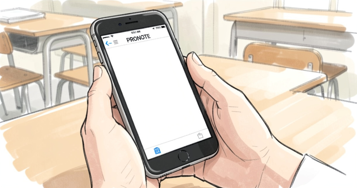 Étudiant consultant PRONOTE sur smartphone dans une salle de classe