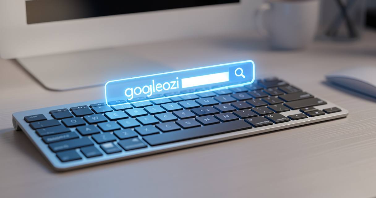 Barre de recherche Google avec le mot-clé googleozi affiché en bleu sur fond blanc, clavier design