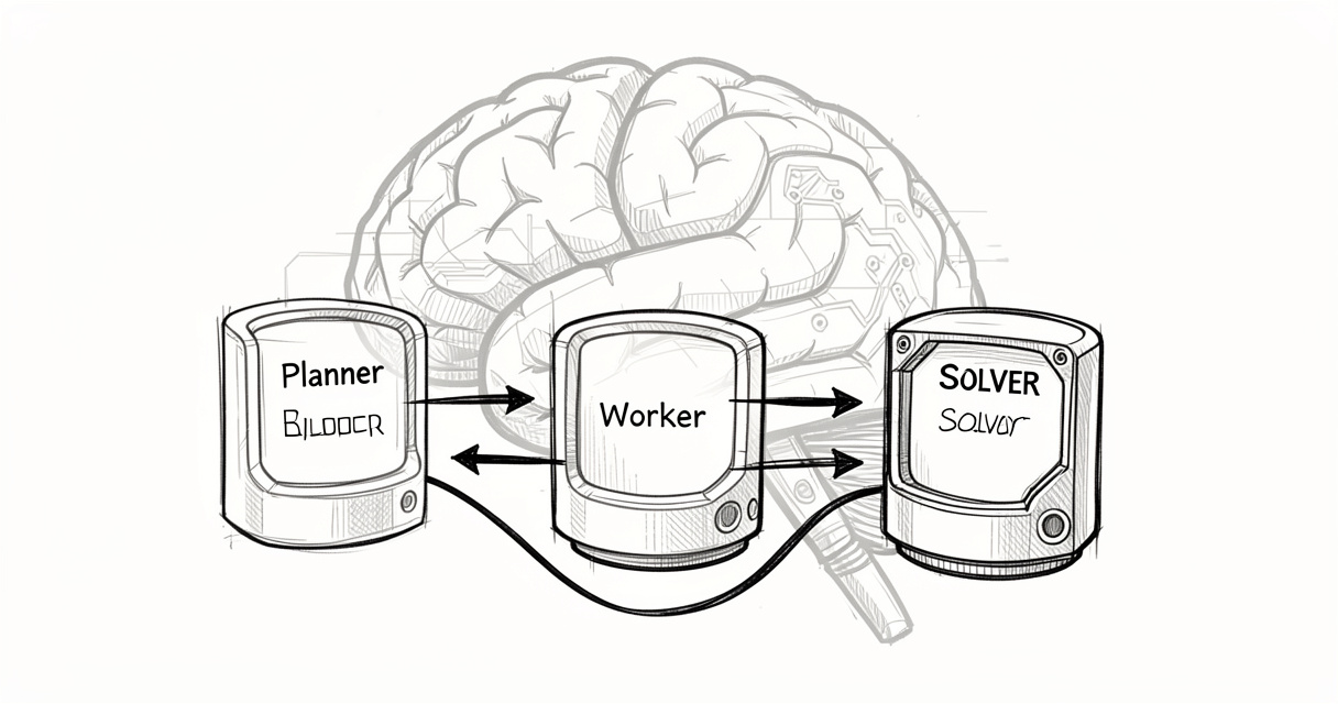 Schéma des trois modules de ReWOO : Planner, Worker et Solver interagissant