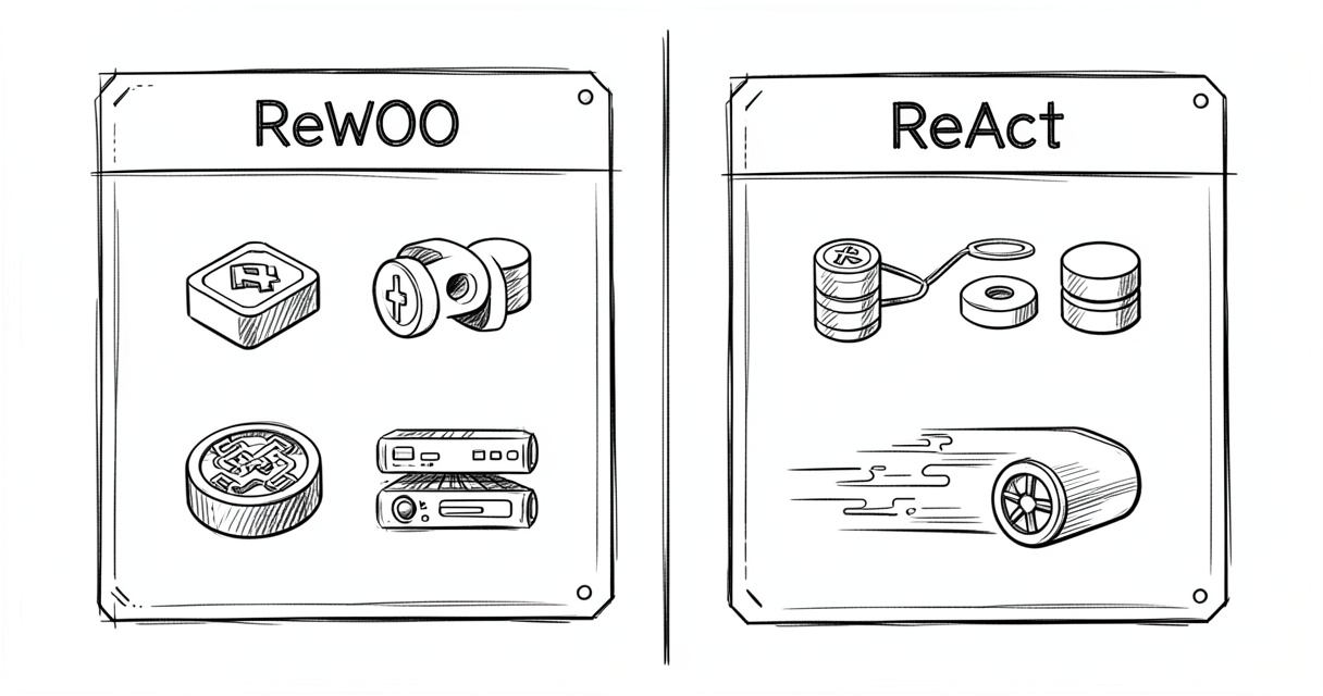 Comparaison entre ReWOO et ReAct sur l'efficacité des tokens et la vitesse