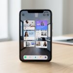Smartphone pliable ouvert affichant plusieurs fenêtres d'applications dans une interface de multitâche.