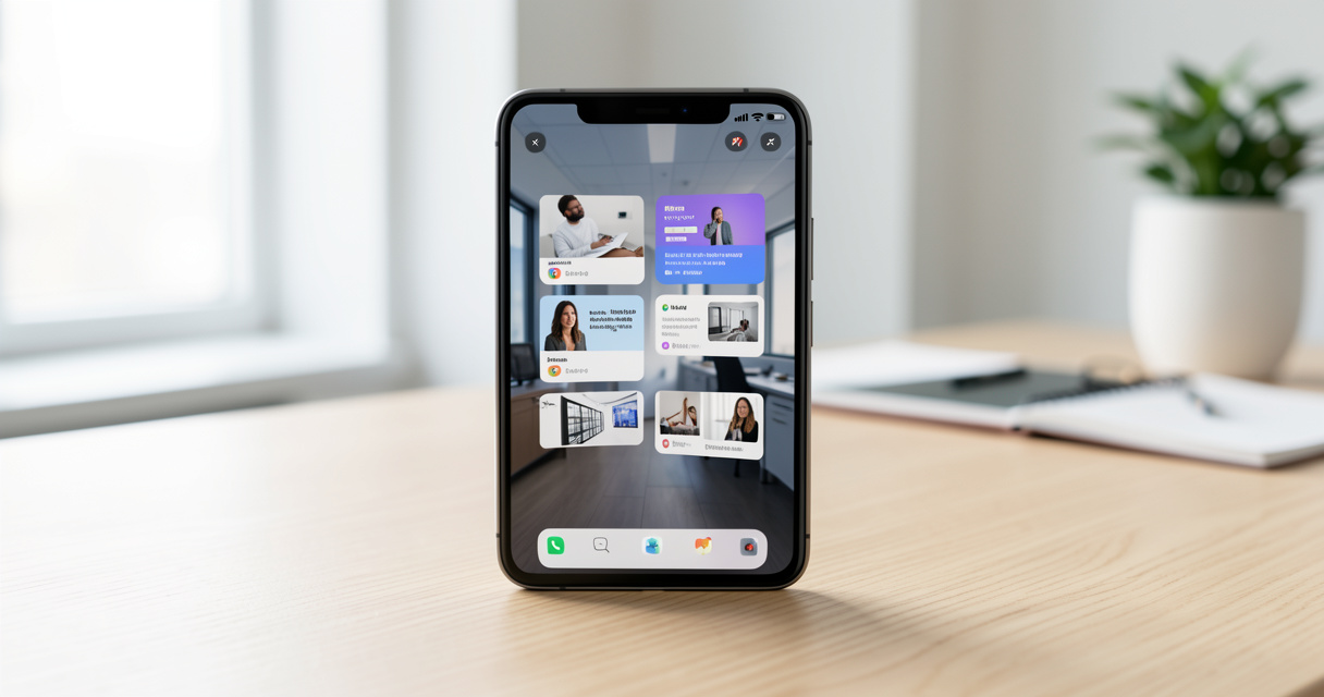Smartphone pliable ouvert affichant plusieurs fenêtres d'applications dans une interface de multitâche.