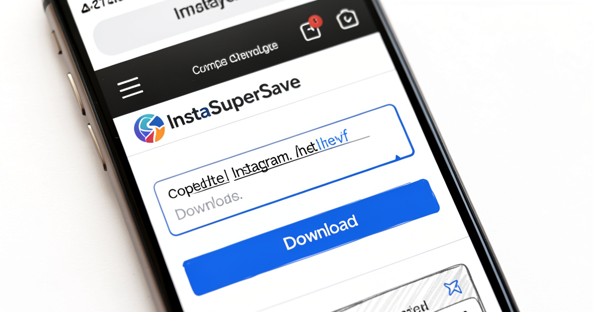 Interface du site InstaSuperSave avec un lien Instagram collé et le bouton de téléchargement