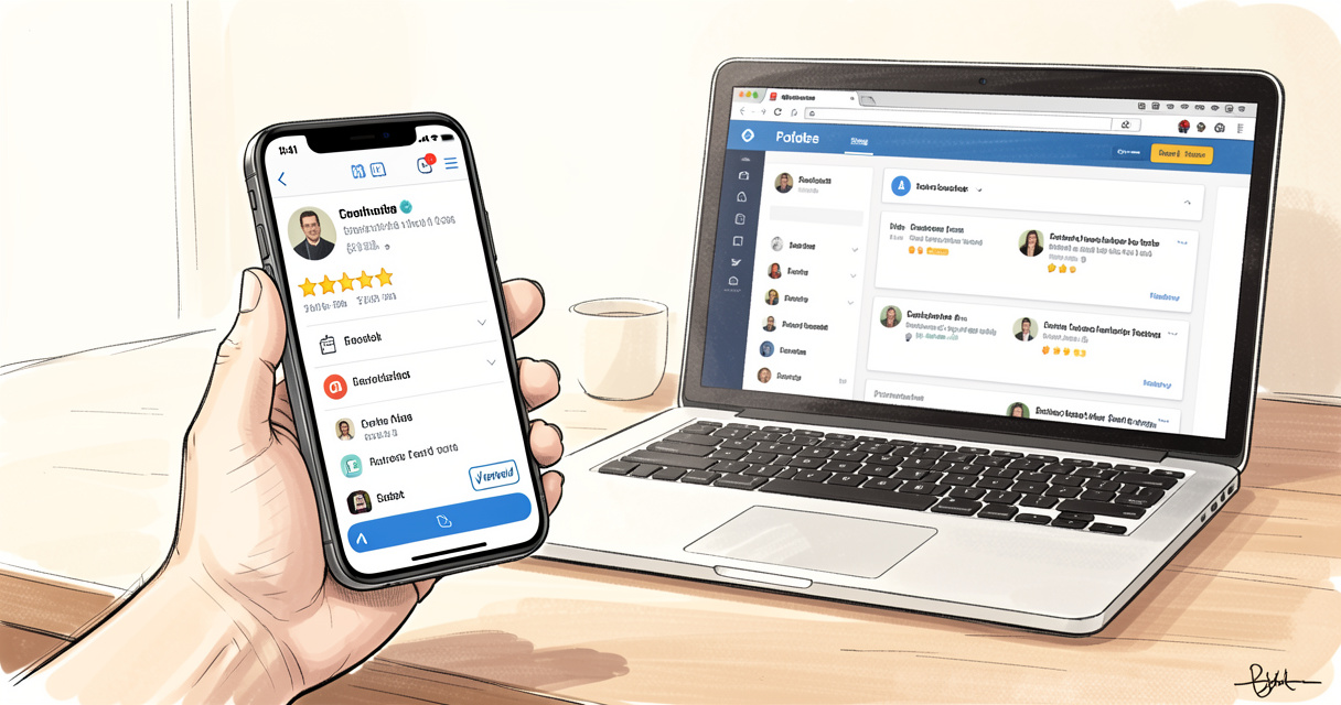 Smartphone affichant un avis 5 étoiles vérifié sur la plateforme Plus que Pro avec badge de confiance