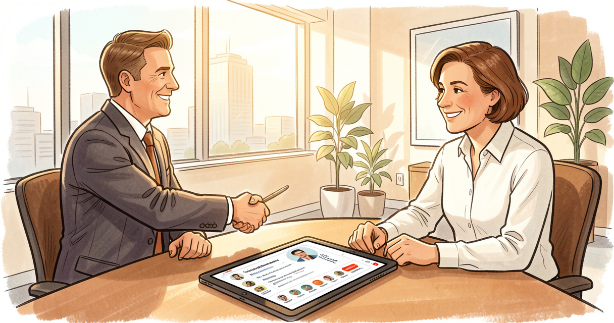 Artisan et client satisfait devant un profil Plus que Pro avec commentaires positifs et recommandation