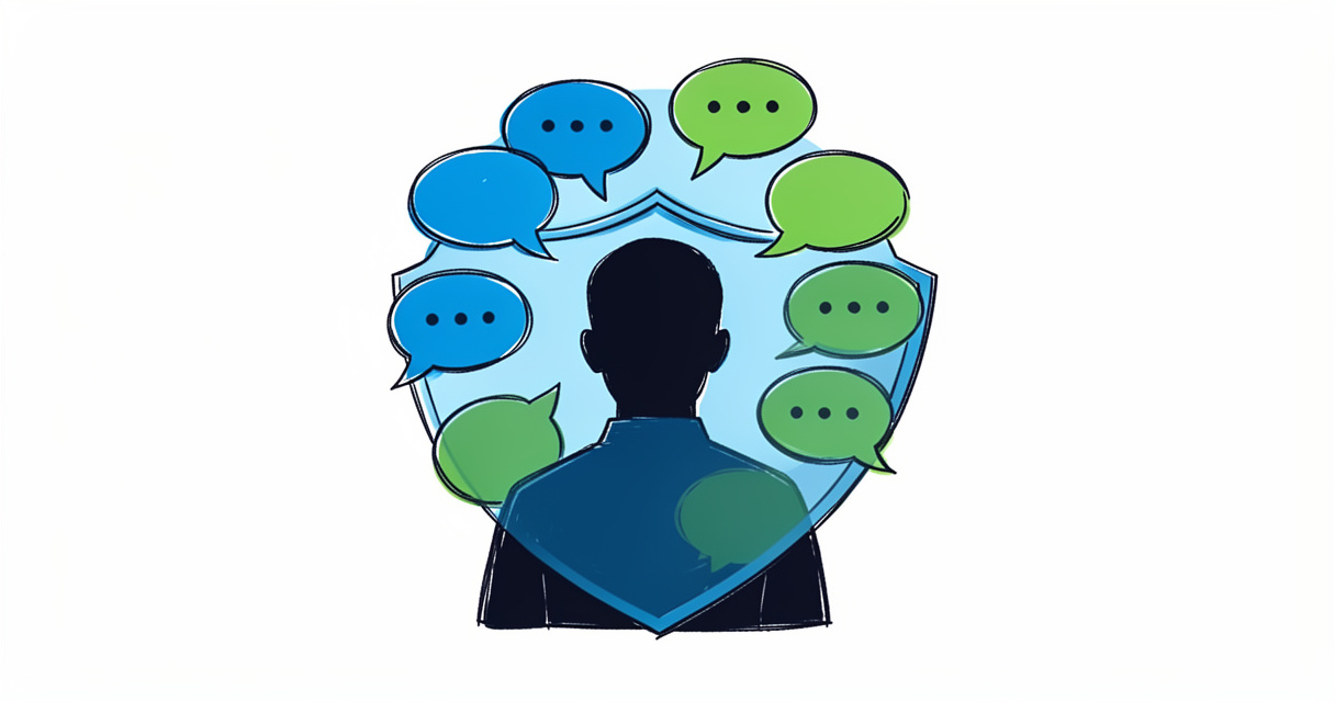 Symbole de sécurité et d'anonymat dans les chats en ligne, avec un bouclier de bulles de discussion.