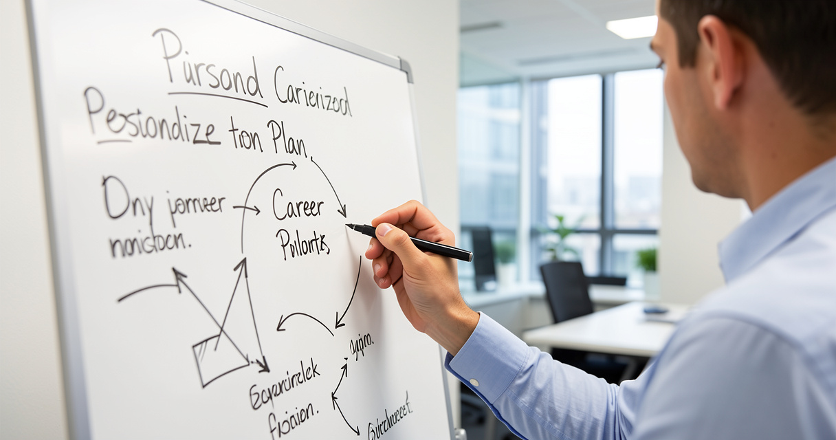 Plan de carrière tracé par un formationneur sur un tableau blanc pour une évolution réussie