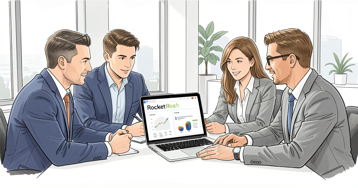 Équipe commerciale utilisant RocketReach pour la prospection B2B sur un écran partagé