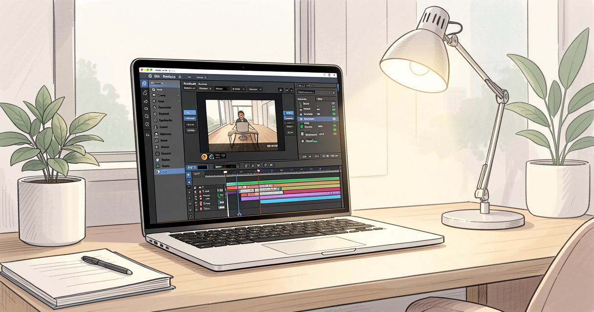 Interface de SmiliMedia sur un poste de travail moderne, outils IA de clipping vidéo.