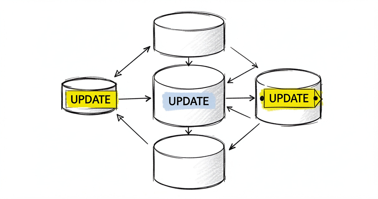 Schéma de base de données relationnelle avec mise en évidence de l'instruction UPDATE entre tables