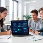 Enseignante et étudiants utilisant des workflows IA structurés dans un environnement universitaire.