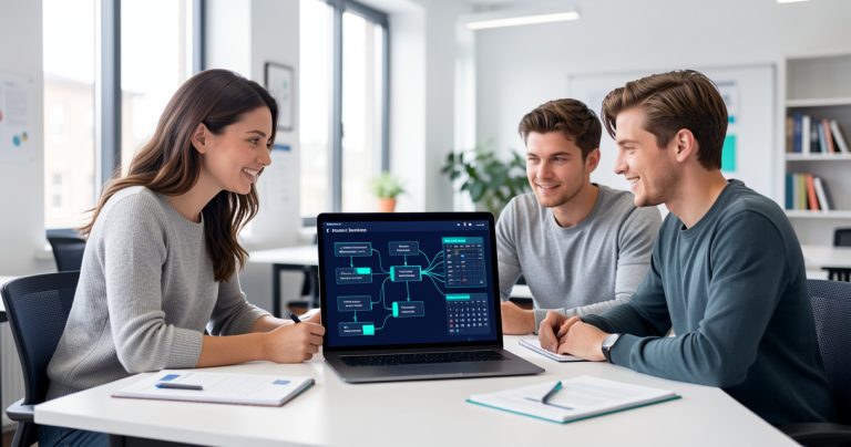Enseignante et étudiants utilisant des workflows IA structurés dans un environnement universitaire.