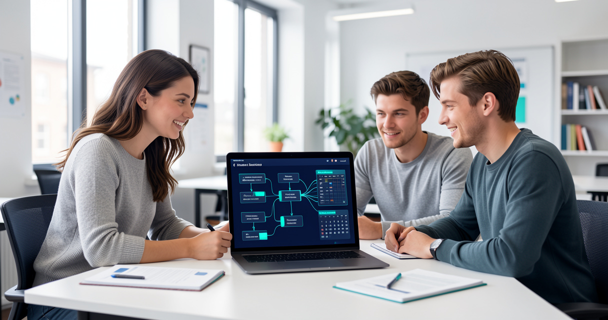 Enseignante et étudiants utilisant des workflows IA structurés dans un environnement universitaire.