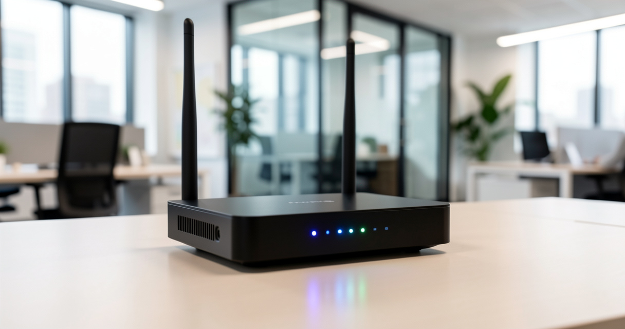Freebox Pro posée sur un bureau dans un espace de travail moderne