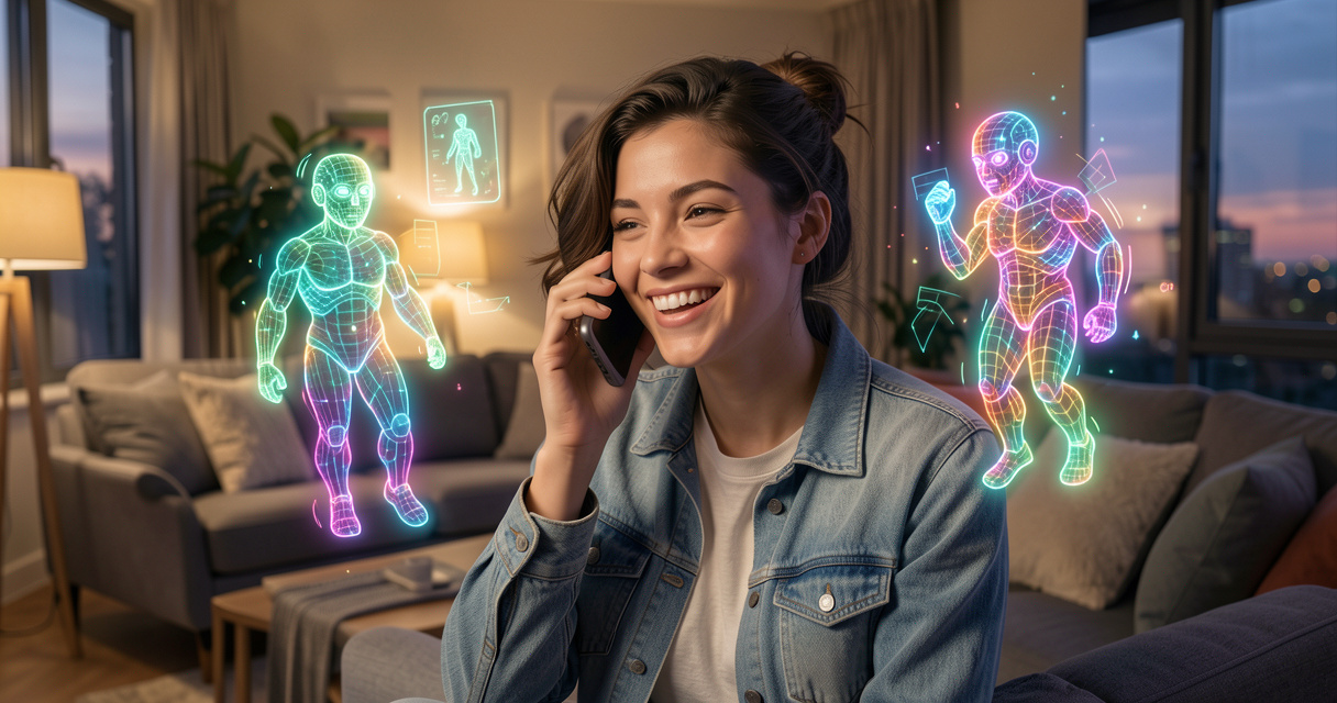 Femme souriante discutant avec un personnage IA sur Talkie AI, smartphone en main