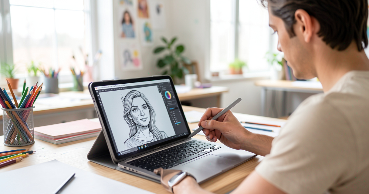 Création d'un personnage IA sur Talkie AI, tablette et stylet en atelier