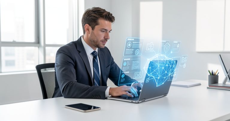 Schéma conceptuel représentant un modèle de langage d'intelligence artificielle exécuté localement sur un ordinateur portable sécurisé hors ligne