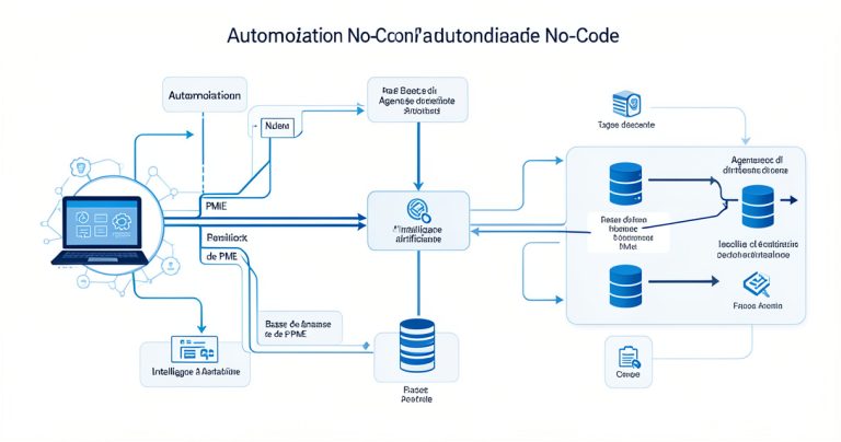 Schéma d'un workflow d'automatisation no-code avec intelligence artificielle et interconnexion de données pour PME