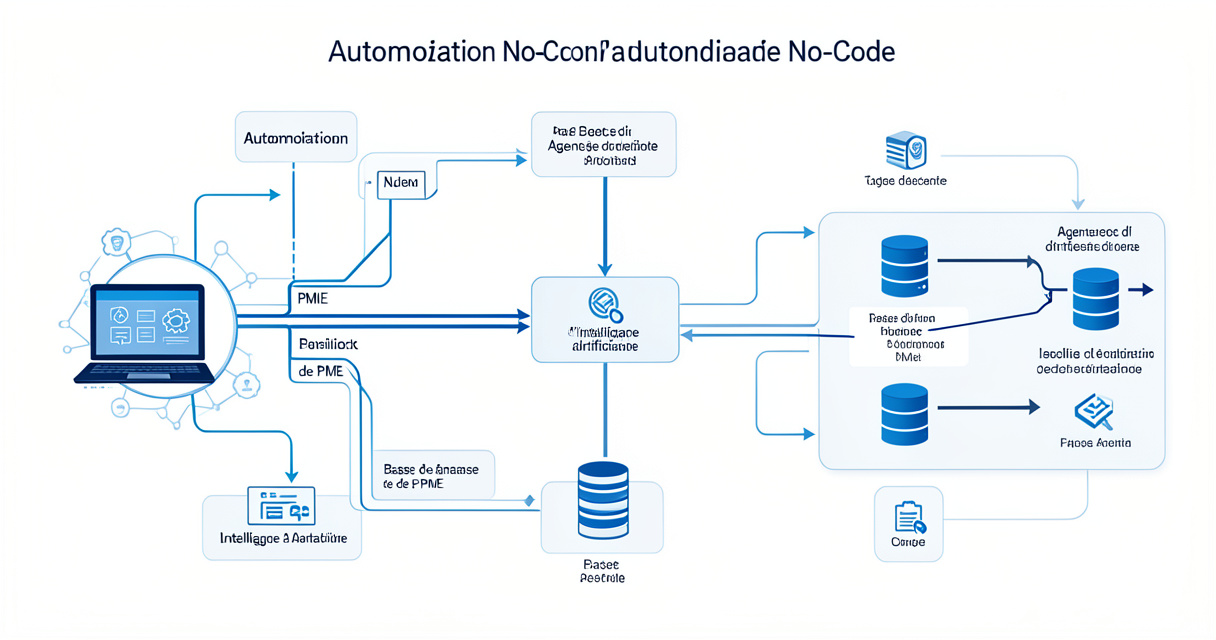 Schéma d'un workflow d'automatisation no-code avec intelligence artificielle et interconnexion de données pour PME